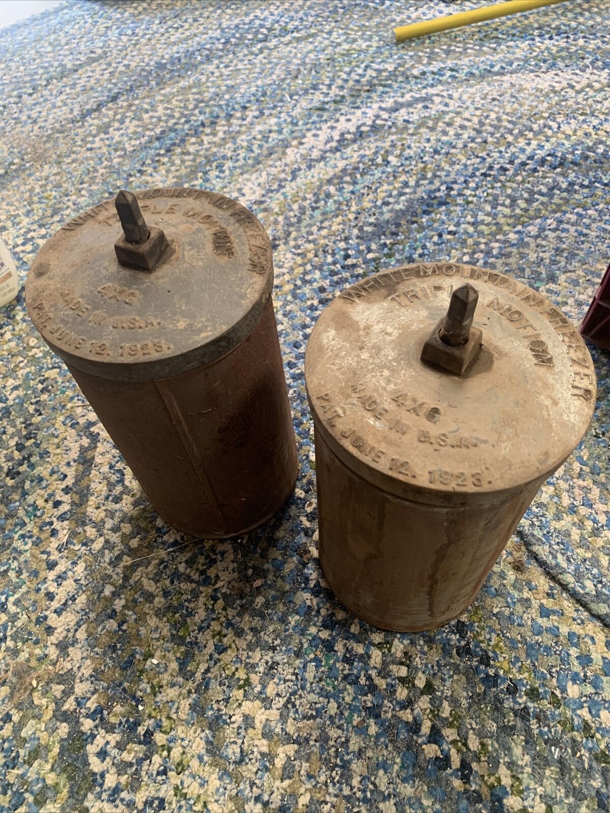 2 Antique 1923 White Mountain Ice Cream Maker Canisters & Paddles Metal Crank