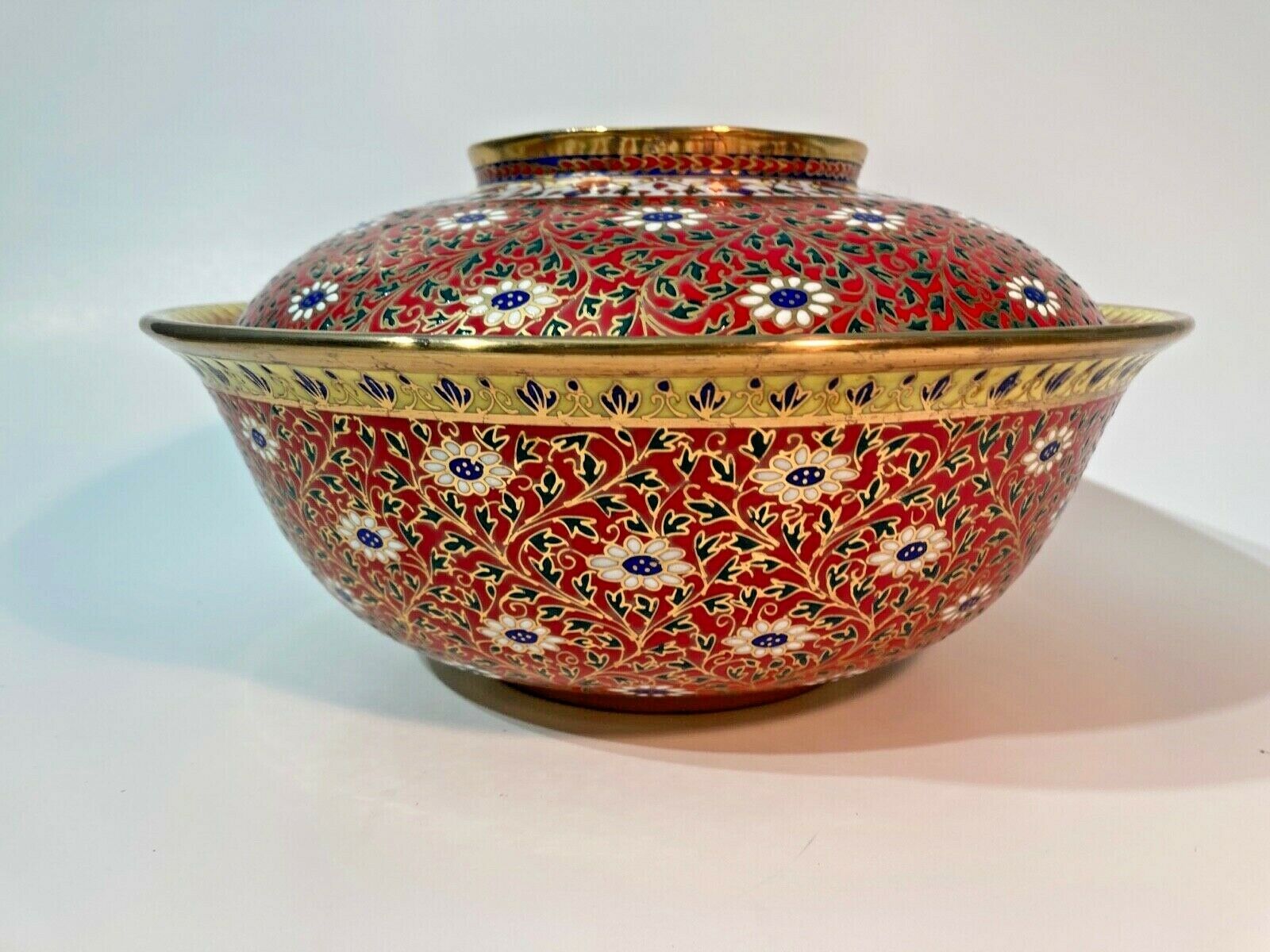 Vintage 9" X 5" Enameled Ceramic Porcelain Hand Painted In Thailand Lidded Bowl