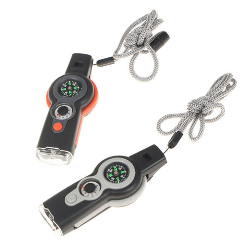 7 In1 Outdoor Survival Whistle Keychain Compass Magnifier Led Light Thermometer