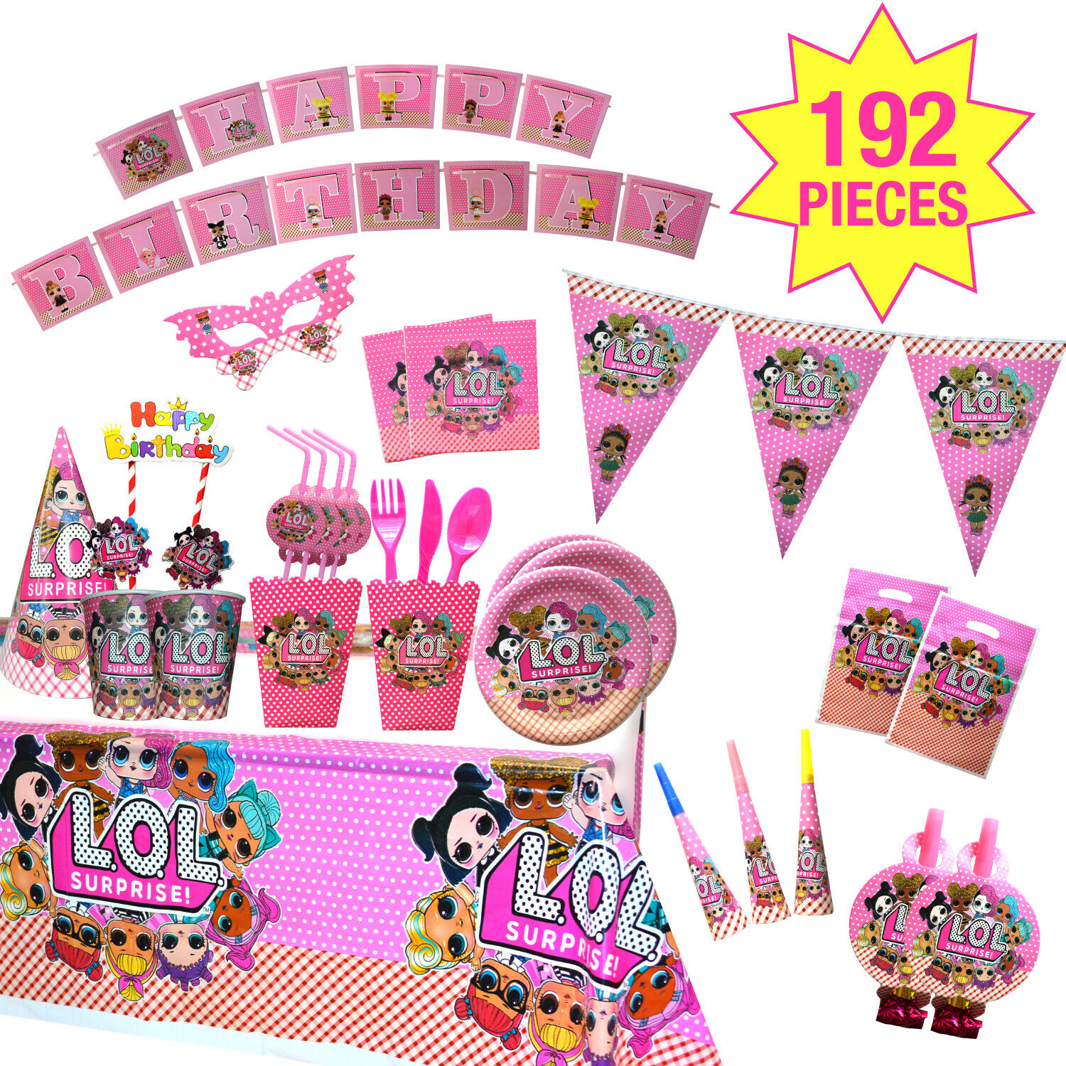 Lol Party Supplies/disposable Tableware / Birthday Decorations-baby Pink 192 Pcs