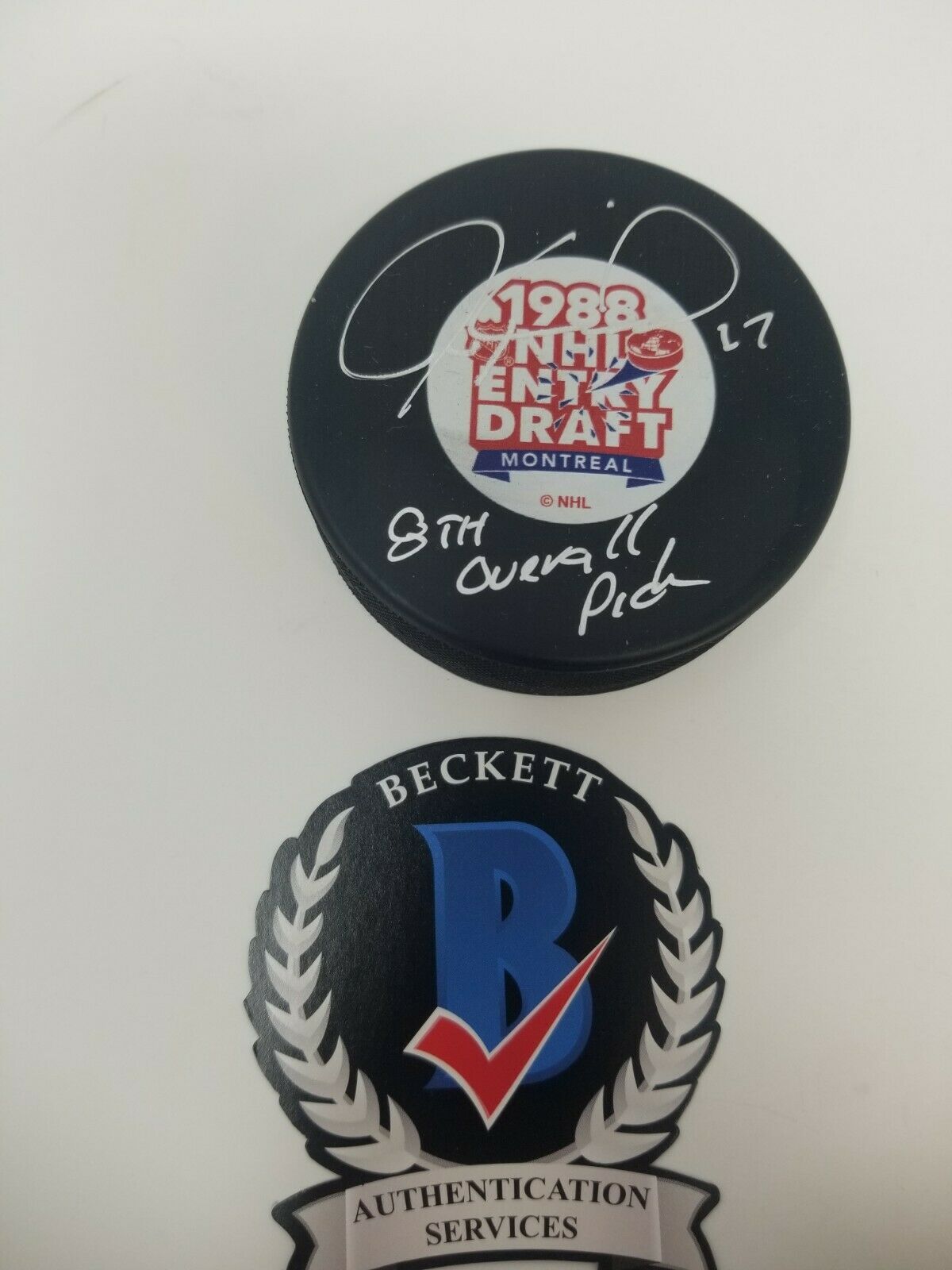 Jeremy Roenick Signed 1988 Draft Puck 8th Overall Inscription Blackhawks Bas